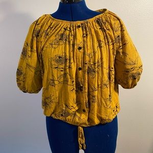 FUN Rue Juju Golden Yellow and Black Floral Short Sleeve Top